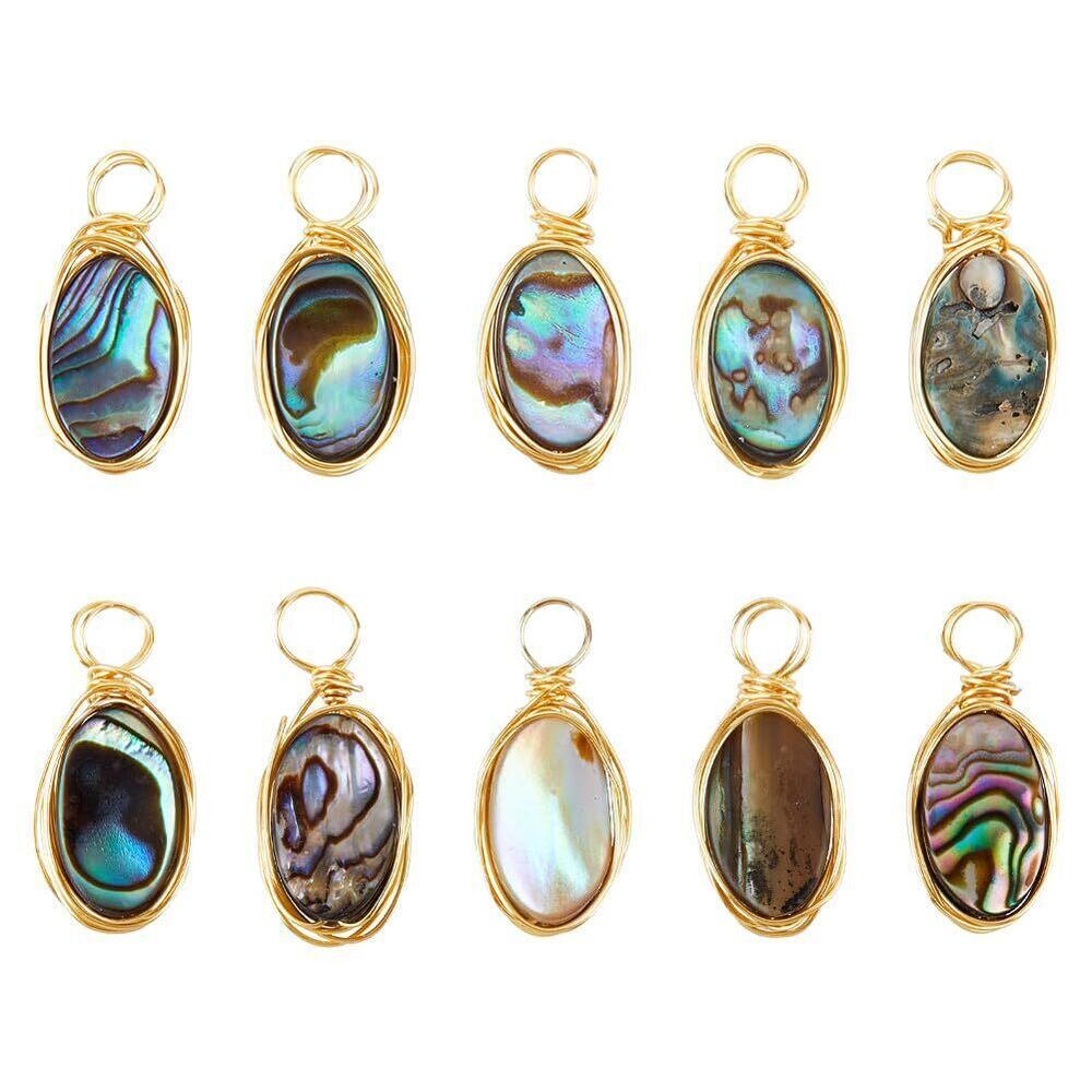 7179 10Pcs Natural Abalone Shell Charms with 18K Gold Plated Copper Wire